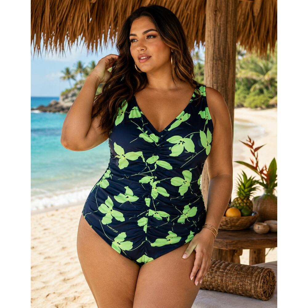 Plus Size 18W Navy Lime Floral Swimsuit Ruched Tummy Control Bathing Suit Beach